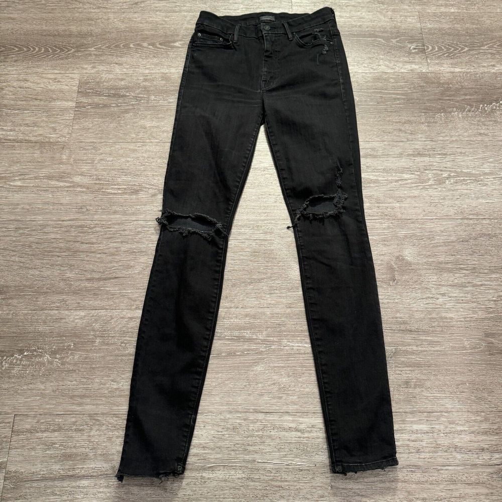 MOTHER Black Ankle Crop Distressed Skinny Jeans